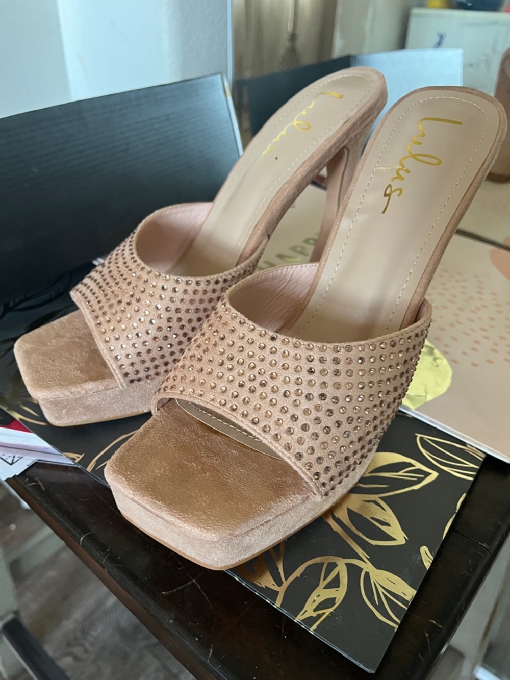 Lulu's Soft Nude Pink Embellished Open Toe Mule Heels Soft Suede 6" Heel NWT